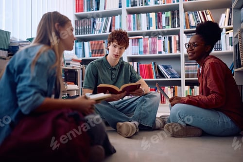 Preview: Happy students talking while studying for upcoming exams in library.