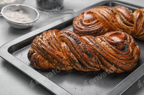 Preview: Tasty sweet buns with poppy seeds on gray table