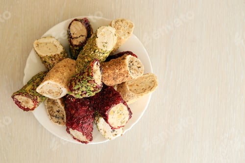 Preview: Many rolls of turkish delight with different flavors and fillings in white plate on table