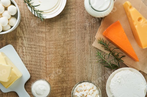 Preview: Dairy products or farm products. Fresh organic dairy products milk, cottage cheese, butter, cream, y