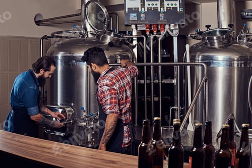 Preview: Two bearded hipster males in an apron working in a brewery factory.