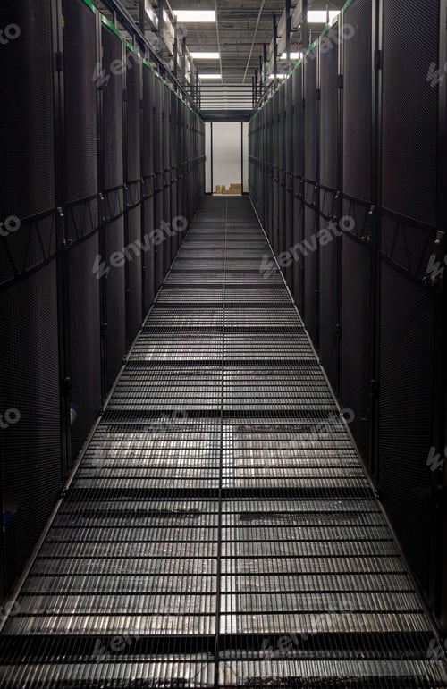 Preview: Server room corridor with metal grid floor and cabinets