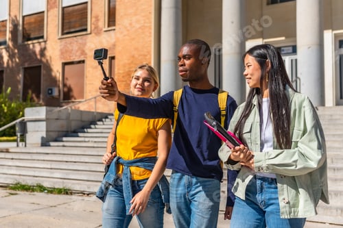 Preview: Multi-ethnic university students recording vlog with camera