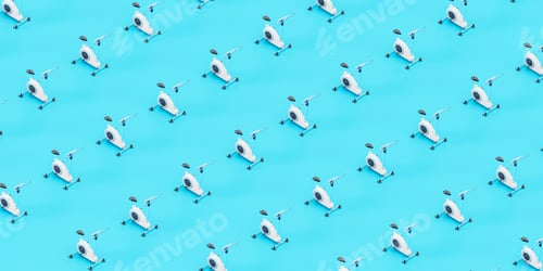 Vista previa: Grupo de bicicletas estáticas organizadas en líneas geométricas renderizado 3D