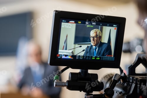 Preview: Display of camera with aged male delegate making report at conference