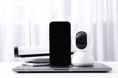 Preview: CCTV camera with gadgets on the table