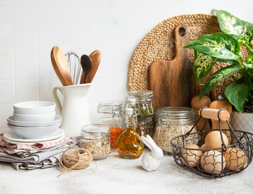 Kitchenware and Food Ingredients on a Countertop