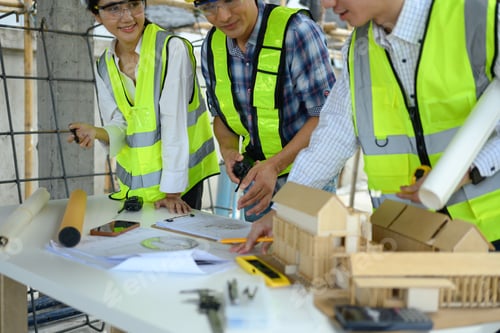 Preview: Engineers team working at construction site with architectural models and blueprints.