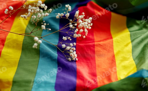 Preview: Pride Month flag. Gender Equality. Gay pride concept. rainbow flag with gypsophila flower