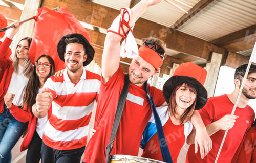 Preview: Football supporter fans friends cheering and walking to soccer cup match