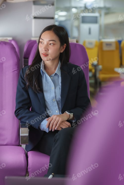 Preview: Businesswoman sitting on passenger seat inside airplane cabin looking away