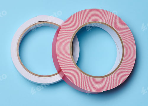 Preview: Two rolls of double-sided sticky tape on a blue background, top view