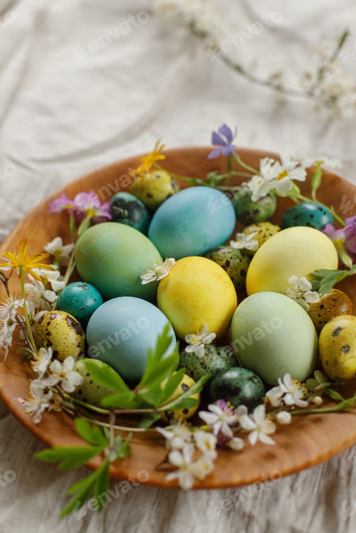 Preview: Happy Easter! Stylish easter eggs and blooming spring flowers in wooden bowl