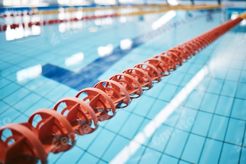Preview: Water, empty swimming pool and lanes for competition, exercise and workout. Sports, swim and fitnes