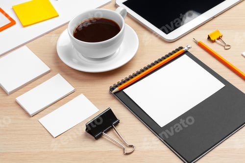 Preview: Corporate identity design template on wooden desk close up