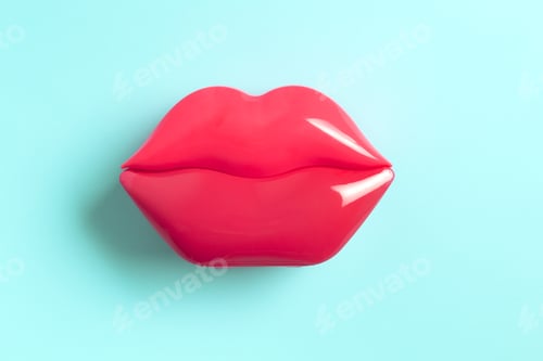 Preview: Artificial red lips shape on blue background. Flat lay. Beauty, care, perfection concept. Minimalism