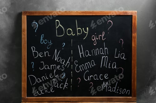 Preview: Blackboard with baby names near dark wall