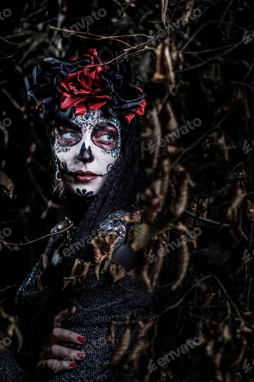 Preview: Portrait of a young female in the style of Mexican holiday Day of the Dead