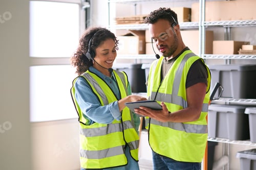 Preview: Woman Using Digital Tablet And Male Colleague With Down Syndrome In Warehouse Wearing Headsets