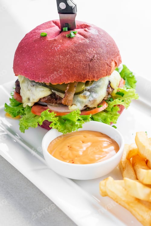 Preview: beetroot red bun cheeseburger set with fries and chilli mayo
