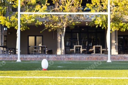 Preview: A rugby ball resting on tee, ready for a kick-off on field outdoors, copy space
