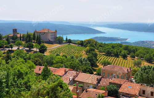 Preview: chateau and church in Aiguines and St Croix Lake at background, France