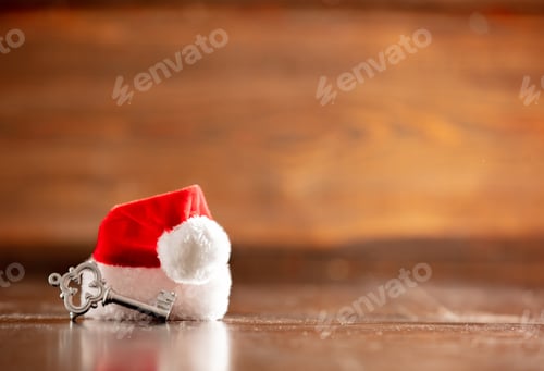 Preview: Santa Claus hat and key on wooden table and background