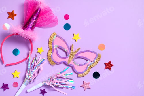 Preview: Purim carnival background with traditional cookies, costume accessories and decor on pastel violet