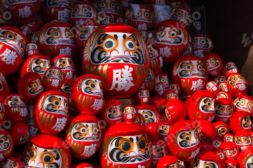 Preview: Japan 23 February 2026: Colorful daruma dolls stack at katsuura temple