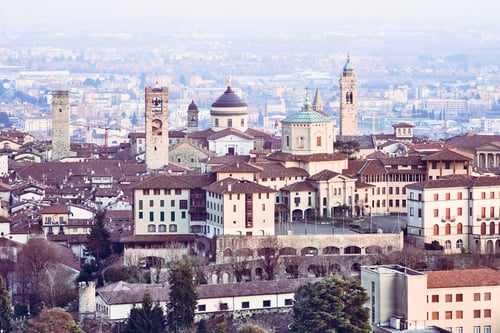 Preview: Aerial view of the Citta Alta, Upper town in Bergamo, Italy. Drone view of the old town. Landscape