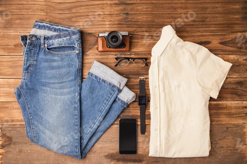 Preview: Differents objects using every days on wooden table