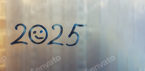 Preview: Banner numbers 2025 is twenty twenty-five new year smile face paint on splashed foggy glass window