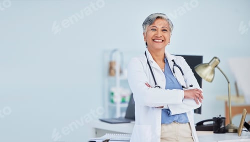 Preview: Arms crossed, doctor and space with portrait of woman in hospital for consulting, medical and pharm