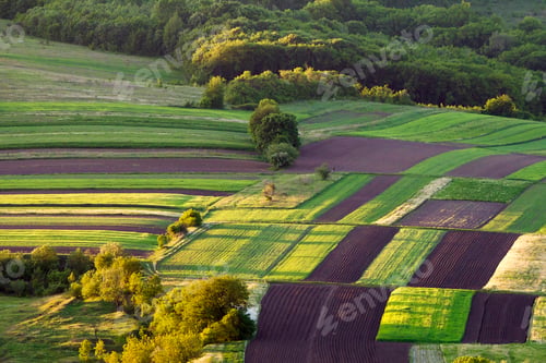 Preview: Beautiful peaceful multicolored patched aerial view of dark plowed and green fields