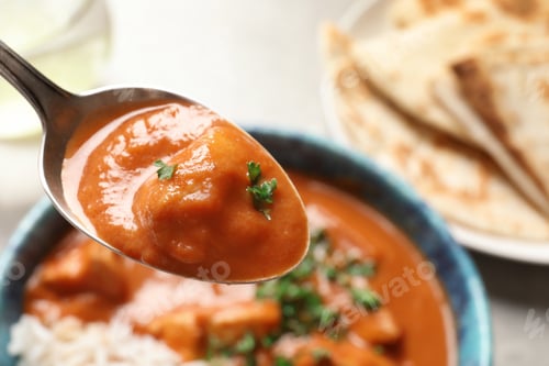 Preview: Spoon with tasty butter chicken over bowl of meal, closeup