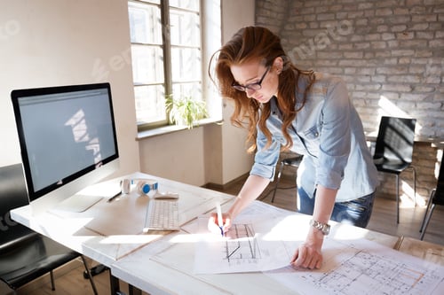 Preview: Female designer in office working on architects project