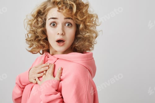 Preview: Girl walked by cafe and witnessed shocking accident. Profile shot of surprised and worried woman