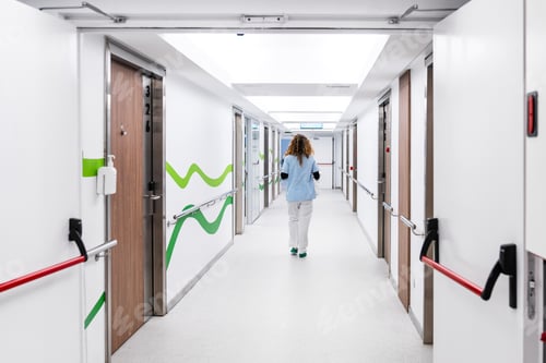 Preview: Rear View of Unrecognizable Nurse Walking in Hospital Corridor