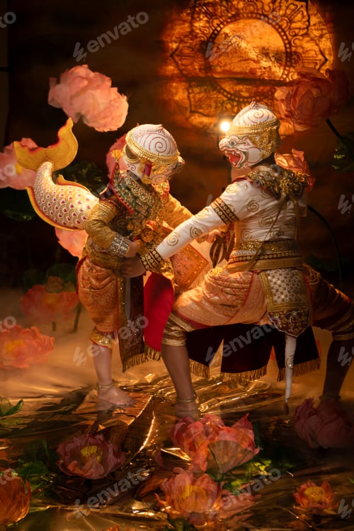 Preview: Two Khon performers wearing traditional Hanuman masks and ornate costumes performing