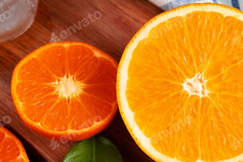 Preview: Cut oranges on wooden board on table