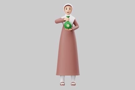 Preview: Woman in Pink Dress Holding Green Object