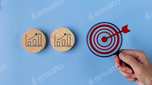 Preview: Goal and graph icons on wooden blocks, Business growth success process, Business achievement goal