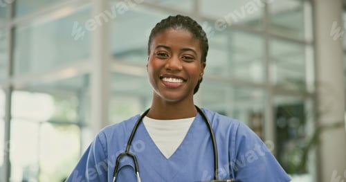 Preview: Doctor, hospital portrait and happy black woman, nurse or medicine expert smile for medical health
