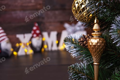 Preview: New Year background. Decorated Christmas tree with christmas toys.
