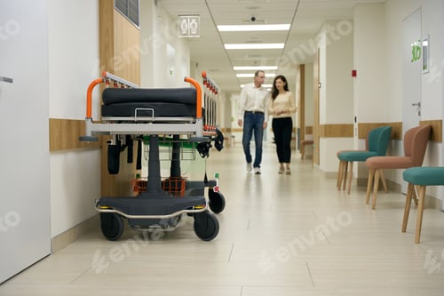 Preview: Man and woman in casual clothes walk along hospital corridor