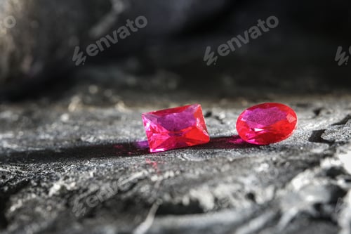 Preview: Glimmering natural pink sapphire gemstones on a rugged rock surface