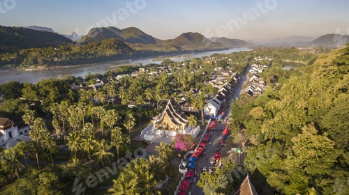 Preview: Drone aerial view of Luang Prabang an UNESCO World Heritage city in Laos.