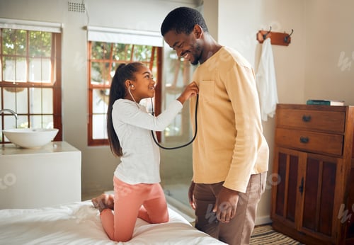 Preview: Father, girl and play with stethoscope in home, caring and bonding in bedroom. Black family, love o