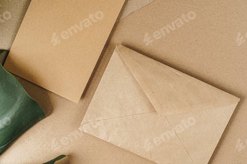 Preview: Flat lay craft paper card mockup with leaves