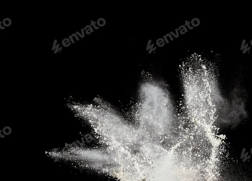 Preview: Cloud of white wheat flour on a black background, particles fly in different directions